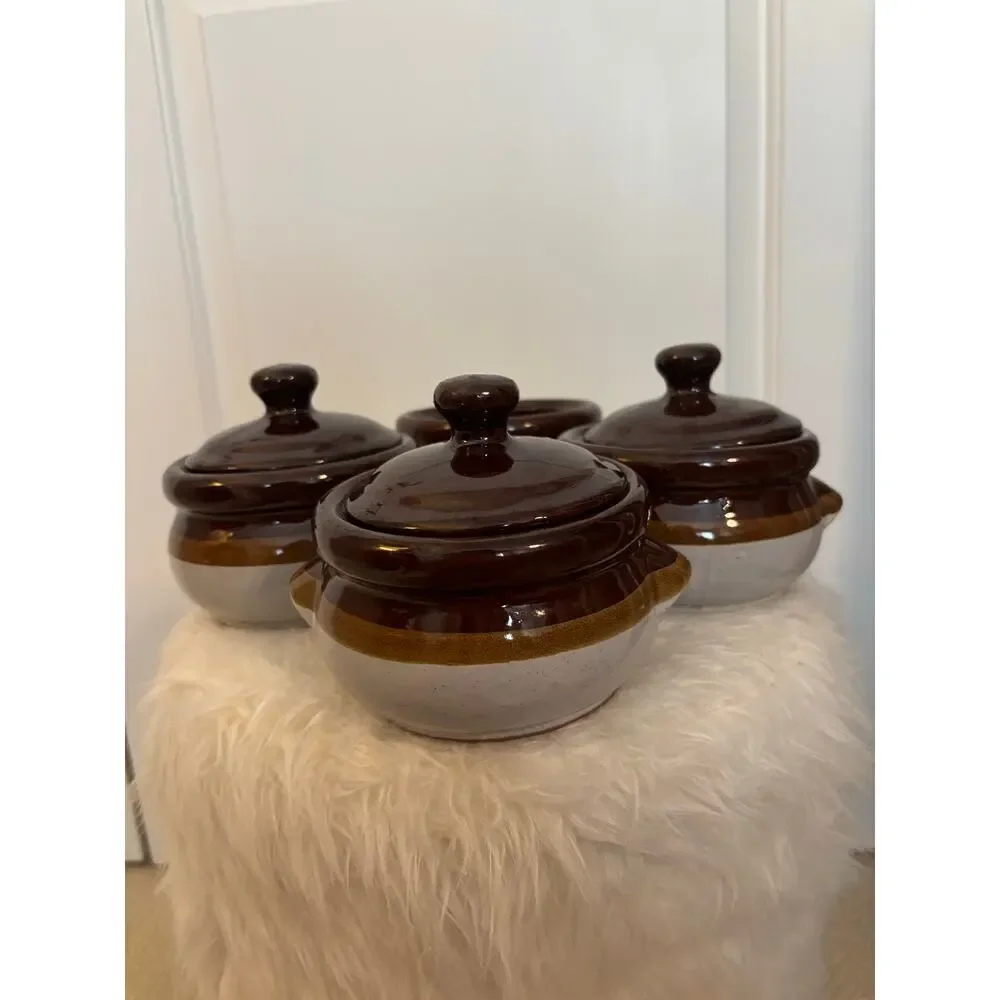 Set of 4 vintage stoneware French onion soup bowls